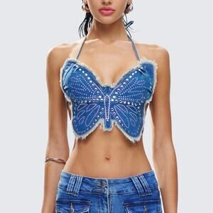 Finesse Blue Denim Butterfly Top XS/S Studded Y2K Halter Tie Festival Crop